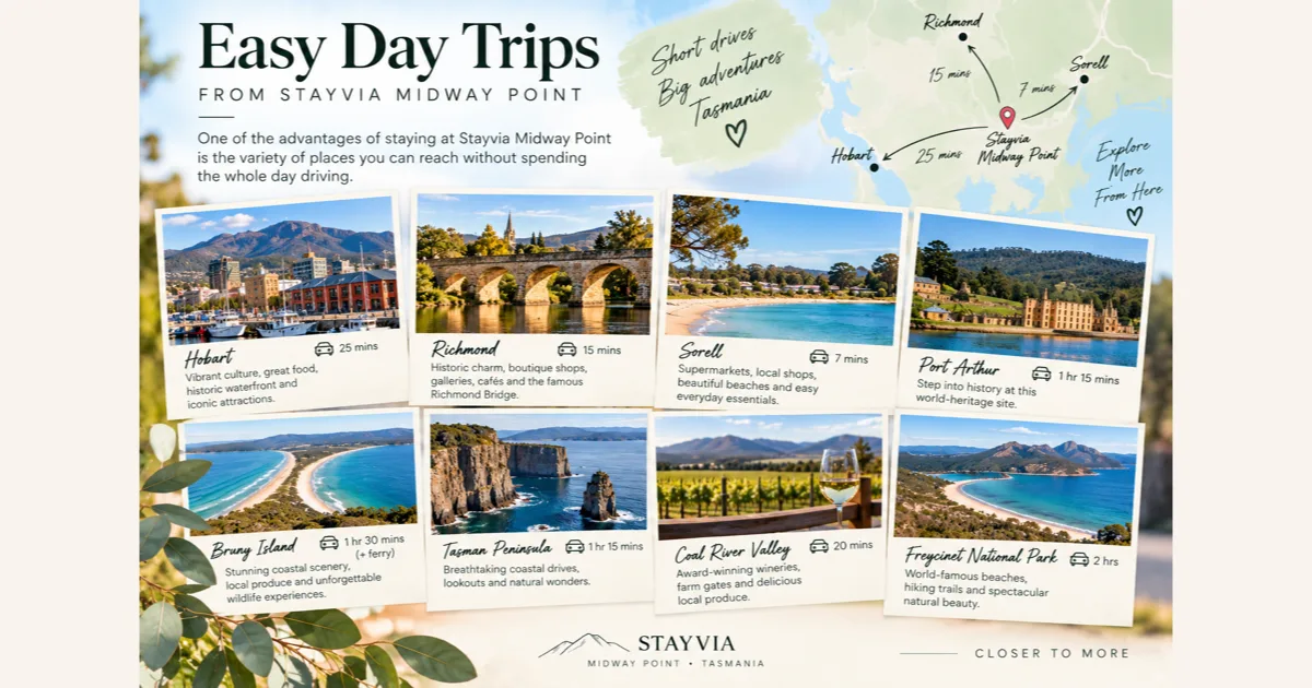 Exterior of Stayvia Midway Point, a base for southern Tasmania day trips